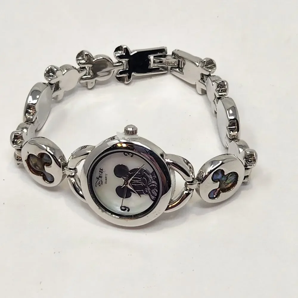 Disney Mickey Mouse Head Silver Tone Watch MOP Face Abalone Shell Inlay MK2006A